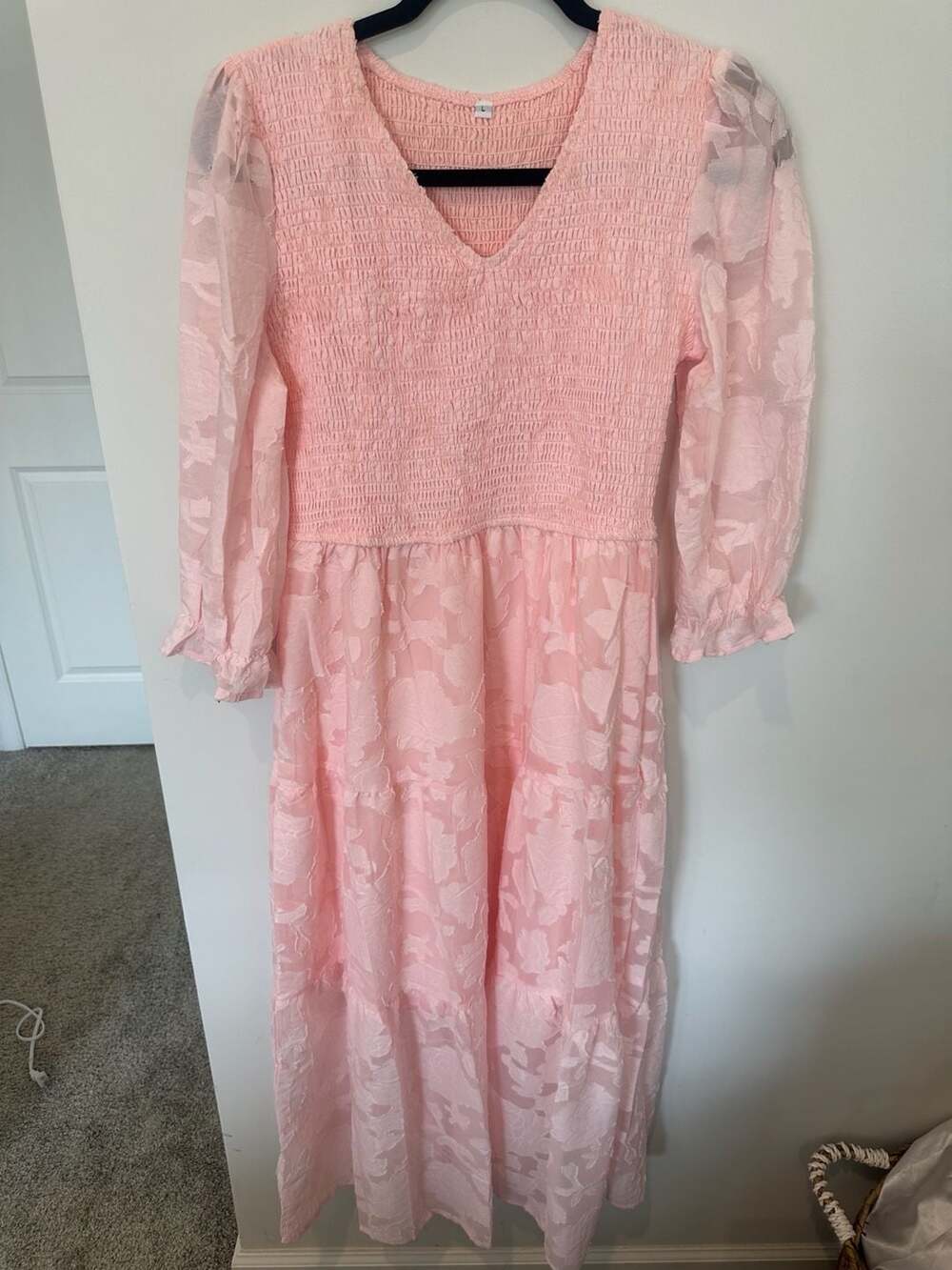 SHEIN Enchnt V-Neck Smocked Waist Floral Texture Tiered Maxi Dress